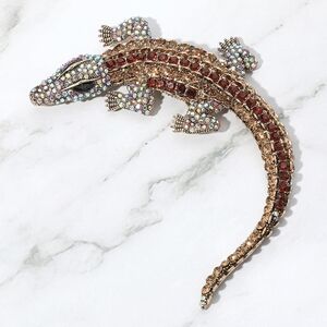 Topaz Crocodile Alligator Pave Crystal Bling 4.4" Brooch Pin Rhinestone Gold